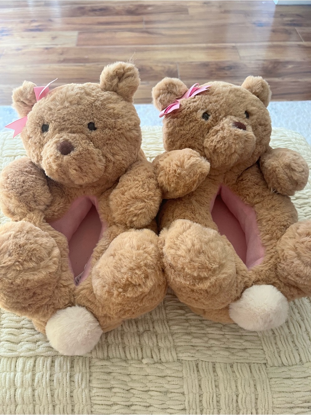 Brown Teddy Bear Plush Kids Slippers with Pink Bow - Soft Indoor Toy Shoes